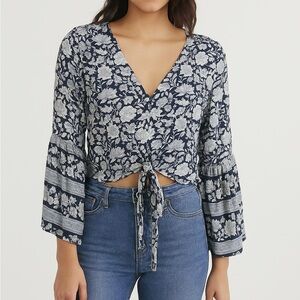 American Eagle Outfitters Navy Floral Tie-Front Blouse